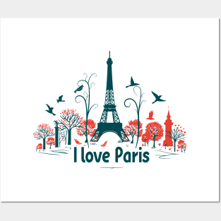 I love Paris: eiffel tower silhouette with trees and birds Posters and Art